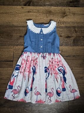 Peppermint Denim-Style Blue Bodice Cream Skirt Pink Flamingo & Floral Dress